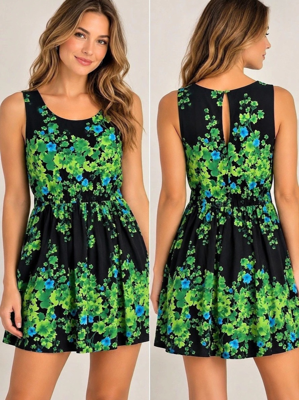 eci New York Floral Mini Dress in Black & Green Size 14 Like New